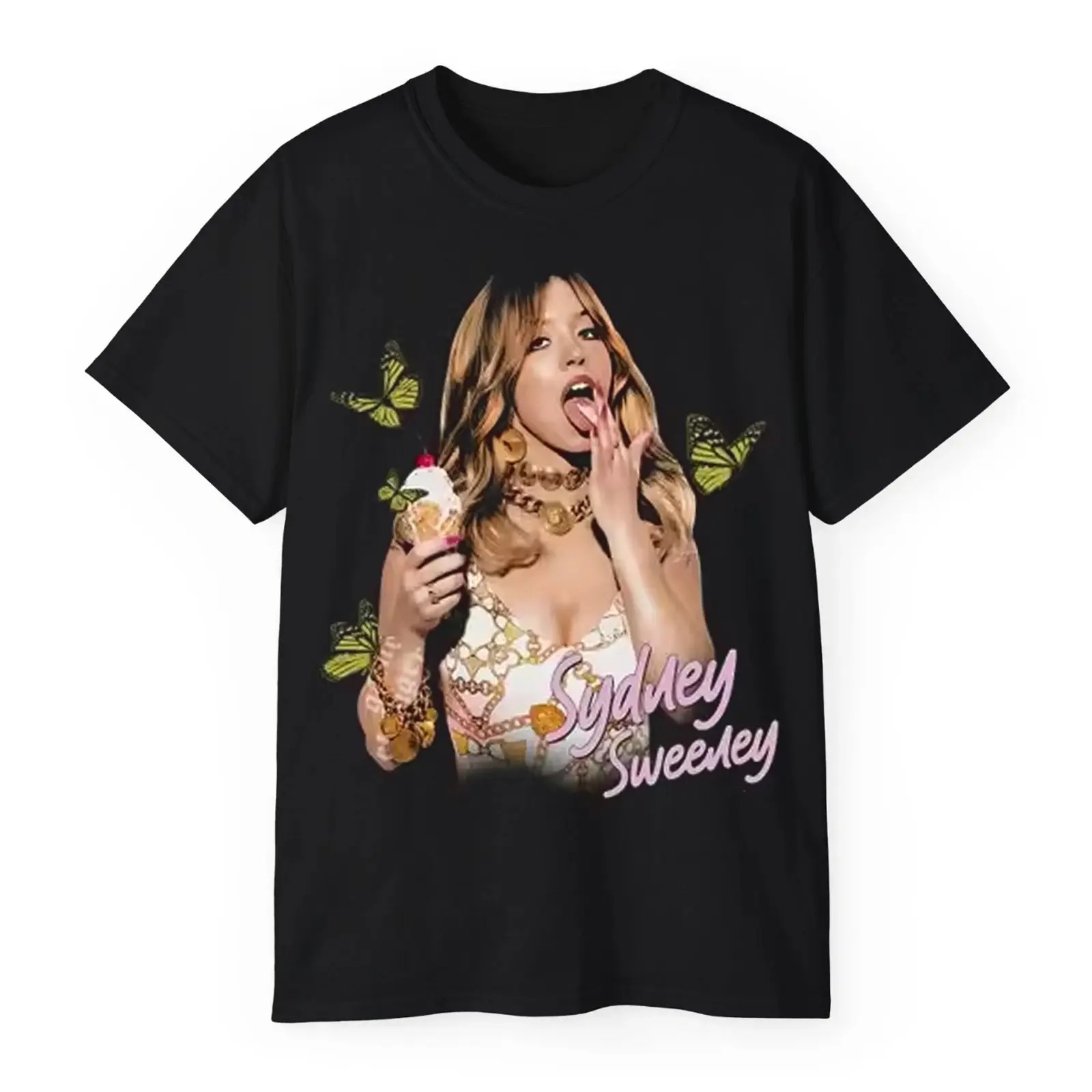Sydney Sweeney Eating Ice Cream Butterfly Vintage Retro 90s Bootleg Graphic Unisex T-Shirt