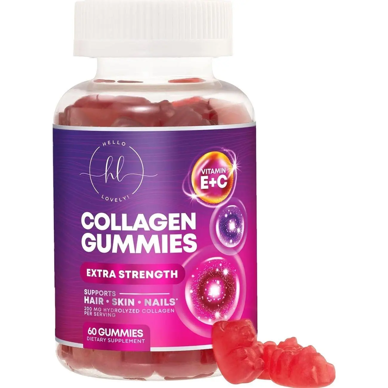 Collagen Peptides Gummies with 2500 mcg Biotin - Hydrolyzed Protein Type I & III Multi Collagen Supplement with Vitamin C & Zinc - Support for Hair, Skin, Nails, Tasty Pomegranate Flavor - 60 Gummies