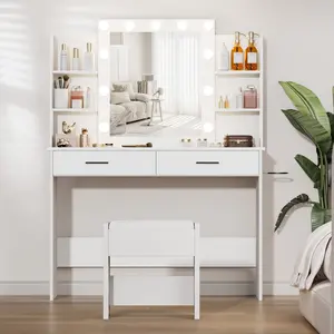 Adjustable Makeup Vanity with Mirror, LED-Lit Vanity with Storage Shelf, Whjite Vanity Desk Set, Dressing Table with Stool