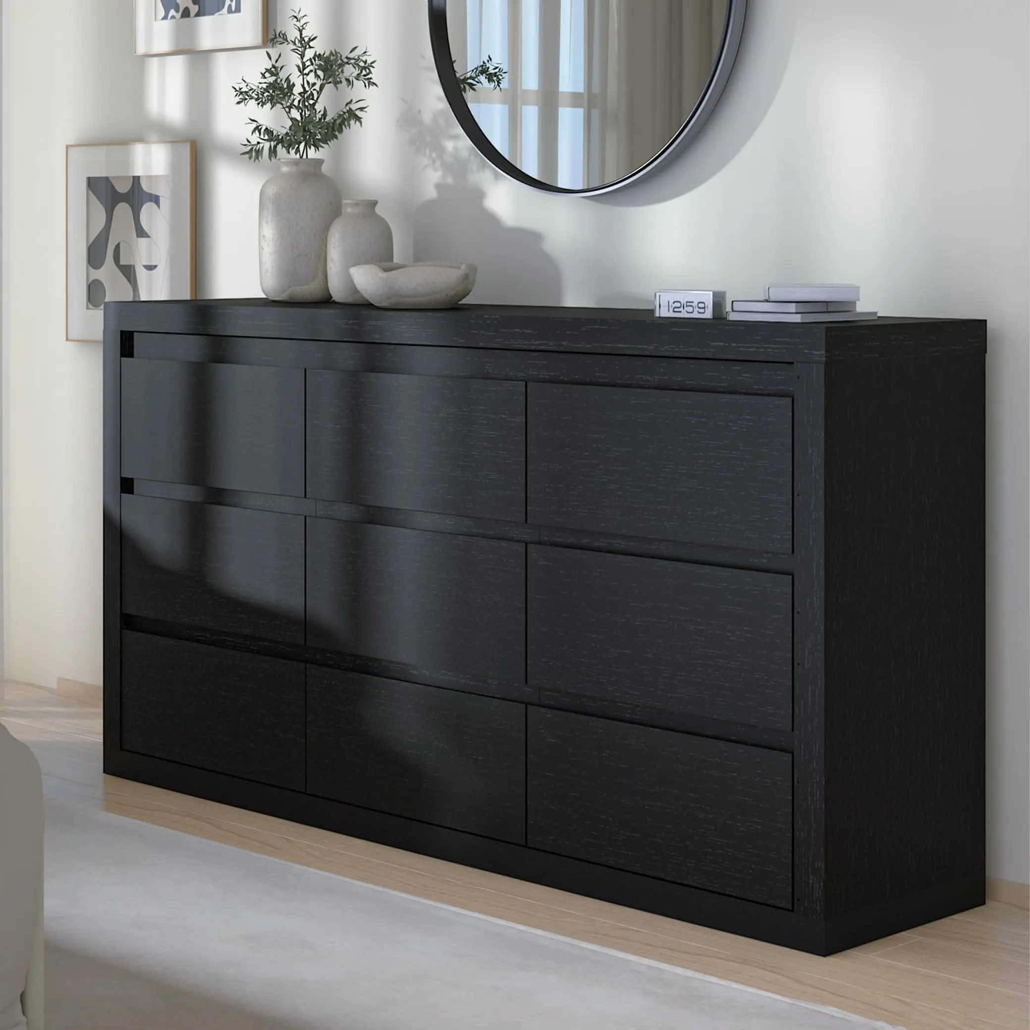IdealHouse 9-Drawer Modern Interior Storage Furniture - Wide Wooden Chest with Anti-Tip Device, Waterproof Surface, Hidden Handle Look - Minimalist Bedroom Dresser, TV Stand + Storage for Home Organization