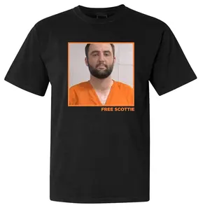 Free Scottie T-shirt Short Sleeve 100% Cotton Crew Neck Top Scottie Scheffler Arrested Mugshot PGA Golf T-Shirt Black