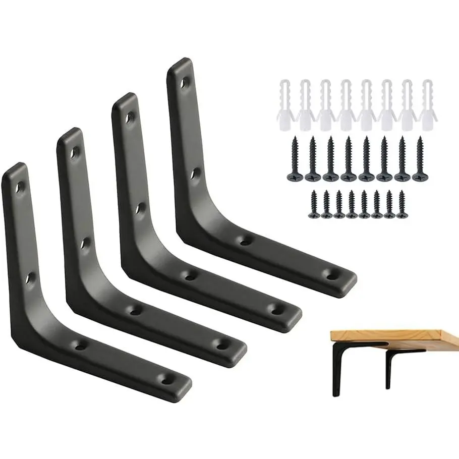 4 count Iron Wall Shelf Bracket, 4 x 4 Inch Heavy Duty Shelf Support Bracket Decorative Joint Angle Bracket, Matte Black
