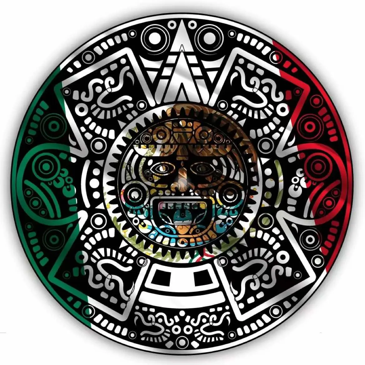Mexican Flag Aztec Calendar Shaped Round Vinyl Sticker