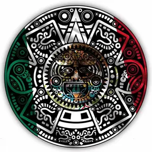 Mexican Flag Aztec Calendar Shaped Round Vinyl Sticker