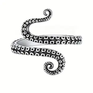 【HXS】Unique Rings & Elegant Ring 925 Sterling Silver Octopus Tentacle Ring Vintage Antiqued Suction Cup Texture Edgy Unisex for Daily Wear & Punk Parties Gift