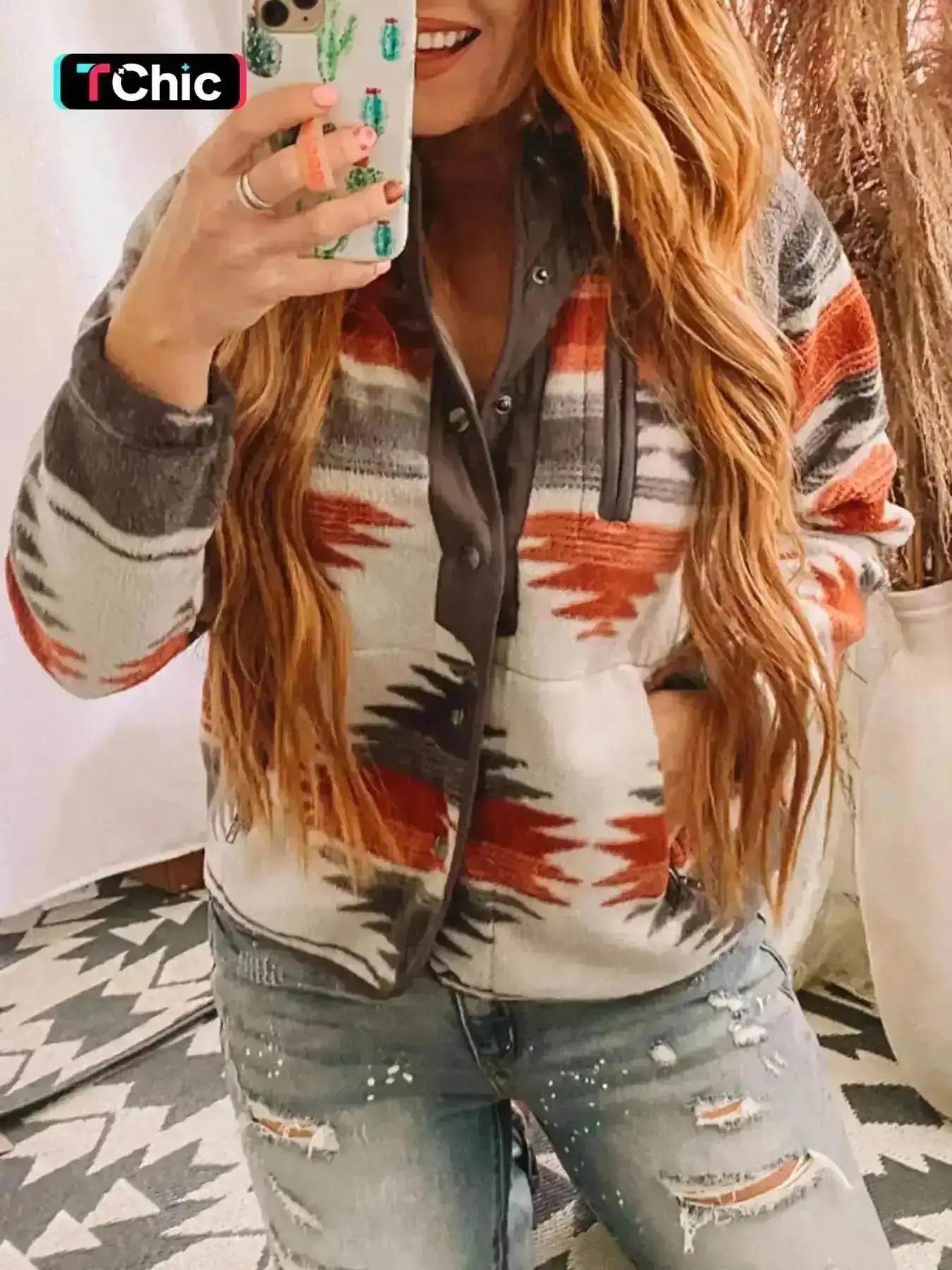 2026 Women's Geometric Print Pocket Button Front Zipper Stand Collar Polar Fleece Jacket, Casual Long Sleeve Outerwear For Fall & Winter, Women's Clothes For Daily Wear