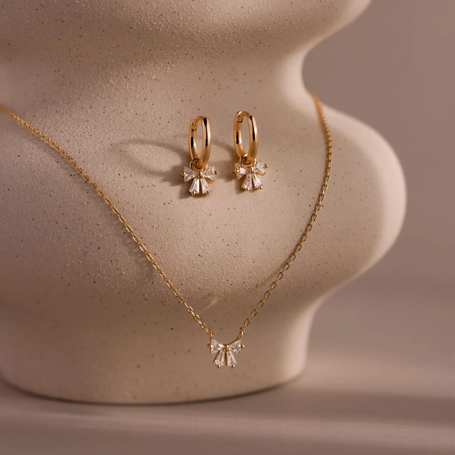Diamond Bow Necklace & Earrings Set by Caitlyn Minimalist - Crystal Ribbon Charm Necklace & Dangling Bow Earrings - Coquette Jewelry Set - Anniversary Gift for Her