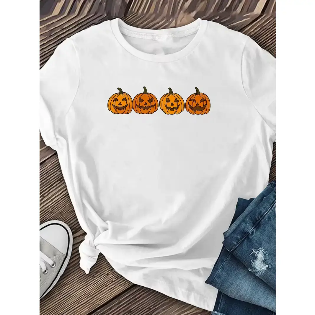 "Pumpkin Smiling Face" Halloween Print T-shirt, Summer Wear, Round-neck T-shirt, Women's Clothing, Fashionable