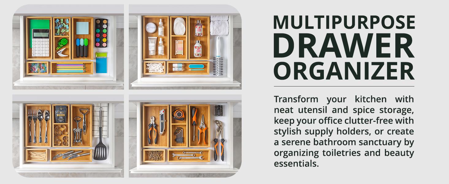 5-Piece Bamboo Drawer Organizer Set – Multi-Use Trays for,, Office, Makeup, Jewelry & More – Junk Drawer Tray, Utensil Holder, Box & Bin Set (5 Boxes)