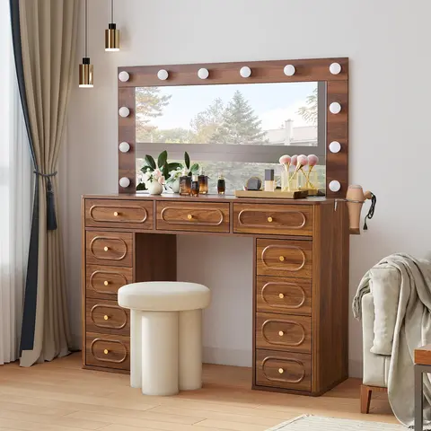 Giratree Fluted Vanity Desk with Mirror and Lights, Power Outlets, Modern Wood Vanity Desk Makeup Table with 11 Drawers, 3 Color Modes Dressing Table with Storage for Bedroom, Living Room
