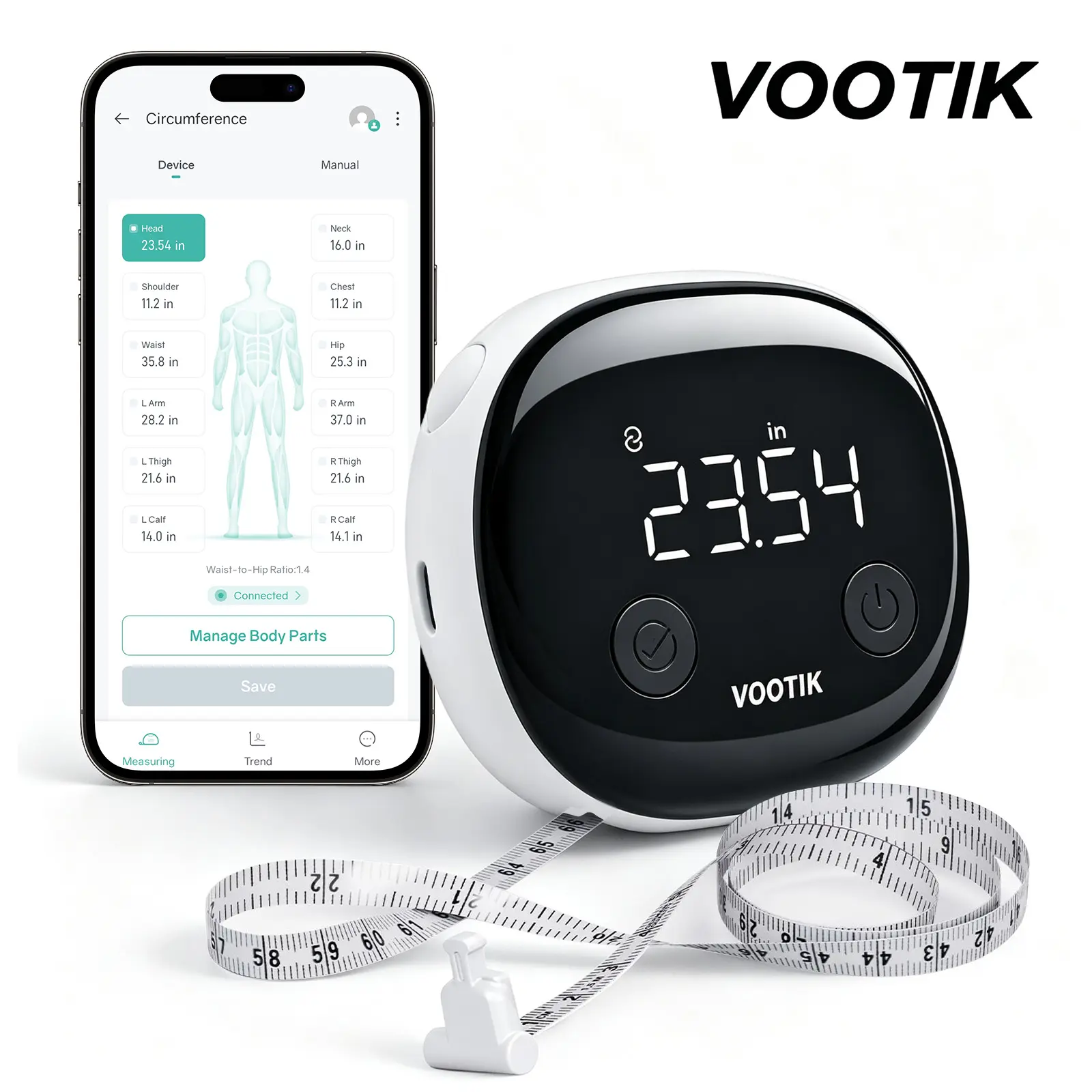VOOTIK Smart Body Measuring Tape for Fitness | Digital Body Tape Measure with Fitdays+ APP & LED Display | Auto Retractable, 60in/150cm, USB-C Rechargeable