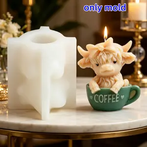 Cute Highland Cow in Coffee Cup Candle Silicone Mold Farmhouse Animal with Bow Soap Resin Casting Desk Decor Gift for Cow Lover Candle Making Supplies