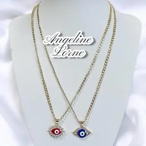 Angeline Lorne #1318 Necklace Red & Blue Eye 20 inch Laminated 14k Gold Layer Stainless Steel Water Resistant Daily Wear 3 Capas Oro Real