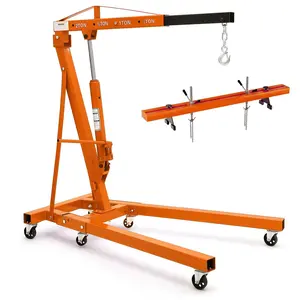 2 Ton Folding Hydraulic Engine Hoist with 59 in Load Leveler 4400 LBS Capacity Heavy Duty Cherry Picker 6 Swivel Wheels&Hydraulic Pump Adjustable Boom (0.5T-2T) for Garage Workshop Warehouse Orange