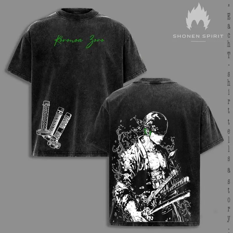 Roronoa Zoro T-Shirt, One Piecee Anime Tee, Three Sword Style Shirt, Santoryu Graphic Top, Vintage Washed Streetwear, Green Aesthetic Design, Wano Arc Zoro Tee, Oversized Unisex Outfit, Shonen Spirit Collection vintage style top