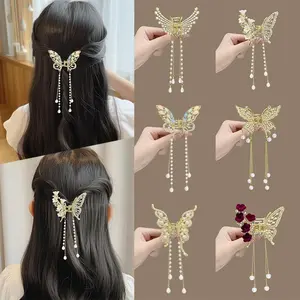 Butterfly Tassel Women's Grab Clip Girls Hairpin Hair Accessories Korean Simple Hair Claw Clip Butterfly Pearl Tassel Hair Clip