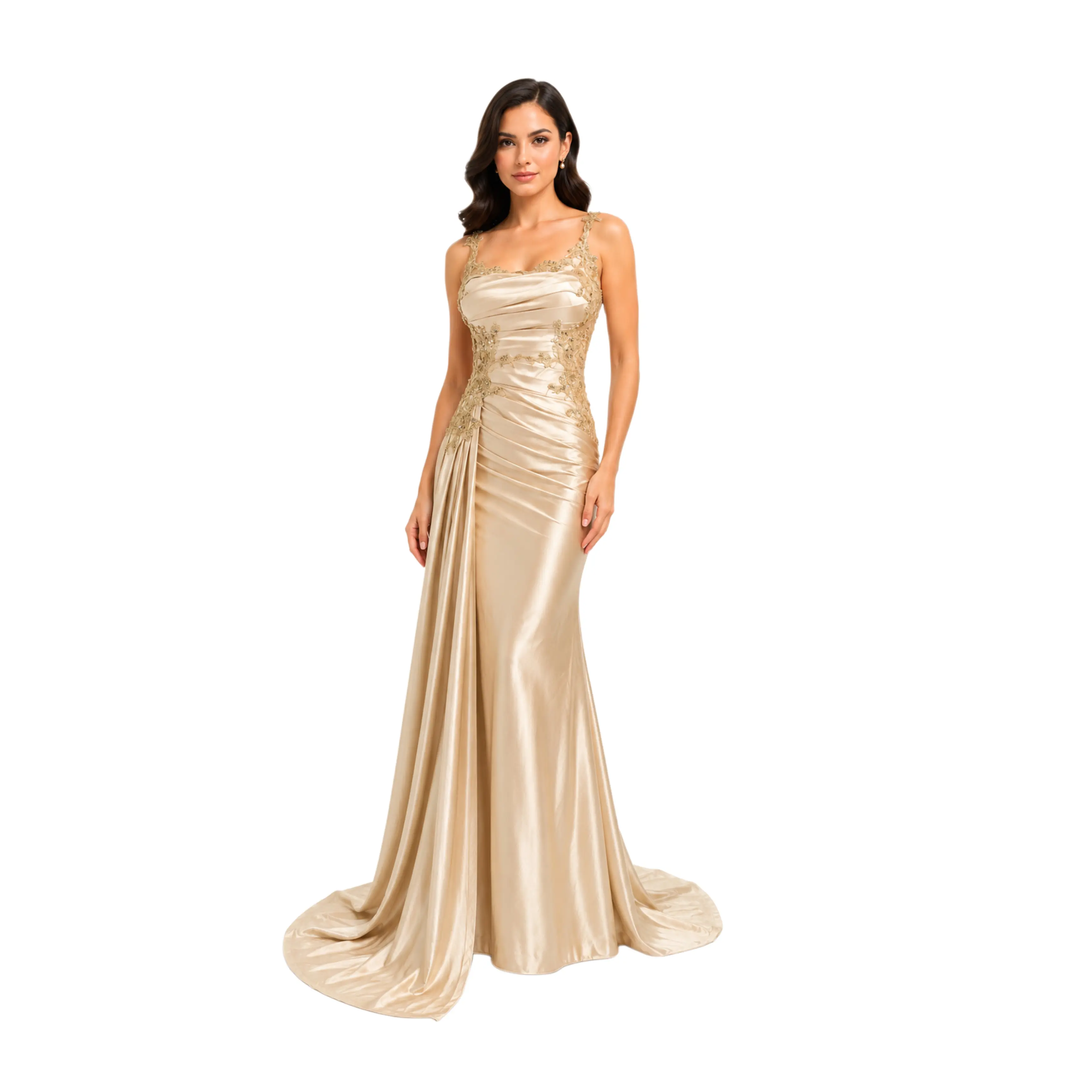 Chicas J092 Elegant Satin Evening Gown with Beaded Lace Appliqué, Ruched Bodice & Draped Train – Formal Prom, Wedding Guest, Gala, Bridesmaid & Special Occasion Dress
