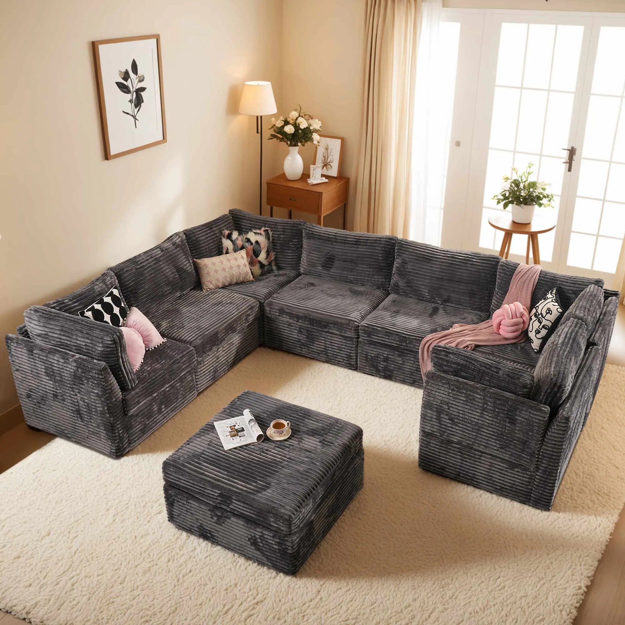 Modular Oversized Corner Sectional Sofa with Ottoman, Plush Corduroy Upholstery, Modern Design