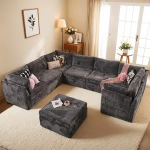 Modular Oversized Corner Sectional Sofa with Ottoman, Plush Corduroy Upholstery, Modern Design