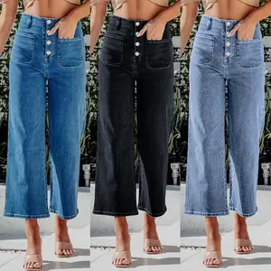 Women's Wide Leg Jeans  High Waisted Stretchy Capri Pants Loose Denim Pants