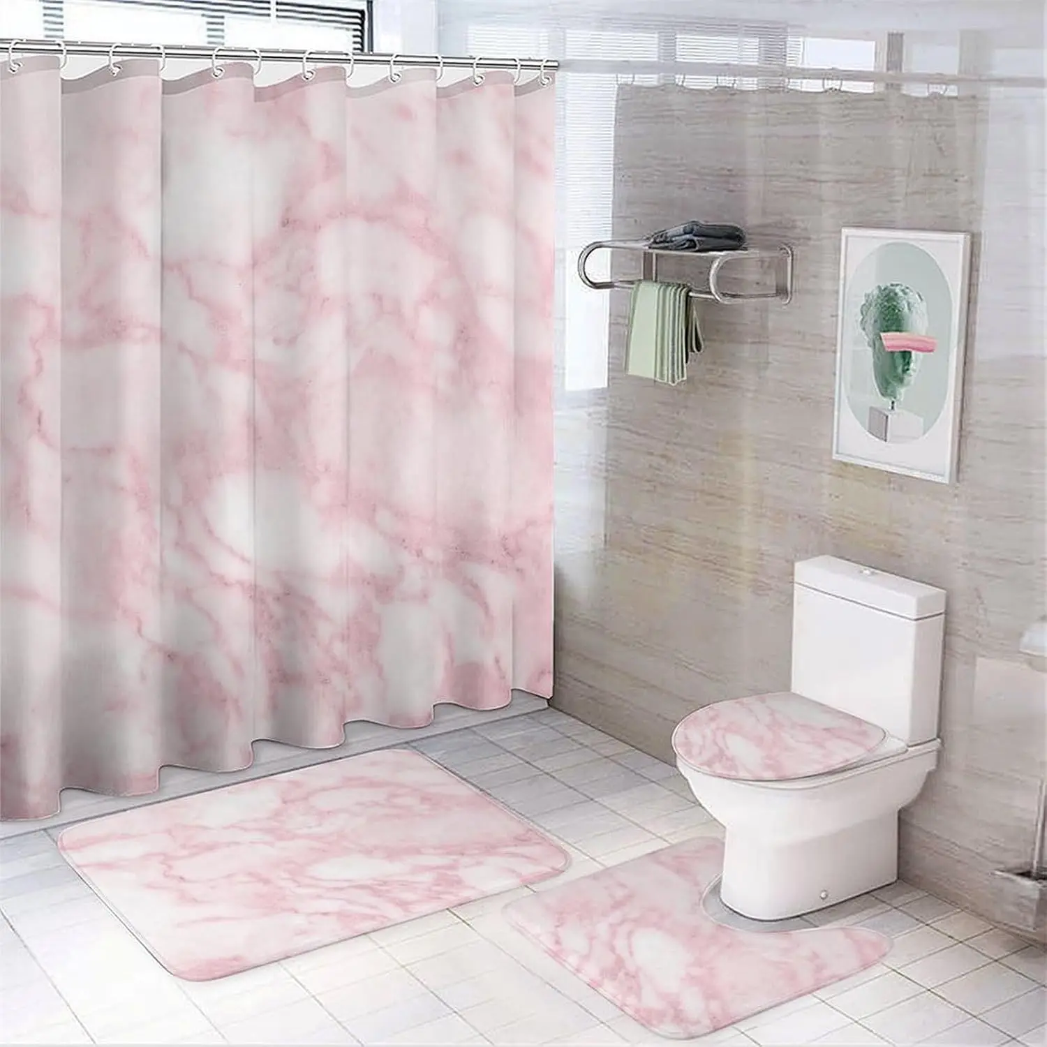 Marble Pattern Bathroom Accessories, 4 Counts/set Including Shower Curtain & Toilet U-shape Mat & Rectangular Mat & Toilet Lid Cover, Bathroom Decor Supplies, Shower Curtain Sets, Bathroom Decoration Accessories, Bathroom Decor And Accessories