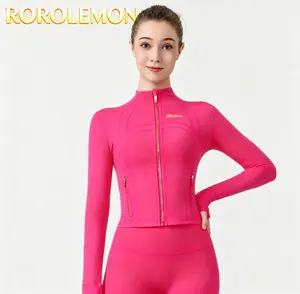 Women’s Slim Fit Athletic Jacket, Cropped Yoga Top with Shiny Gold Zippers, Zipper Pockets & Thumb Holes, Stretchy Breathable Sports Jacket for Running & Training