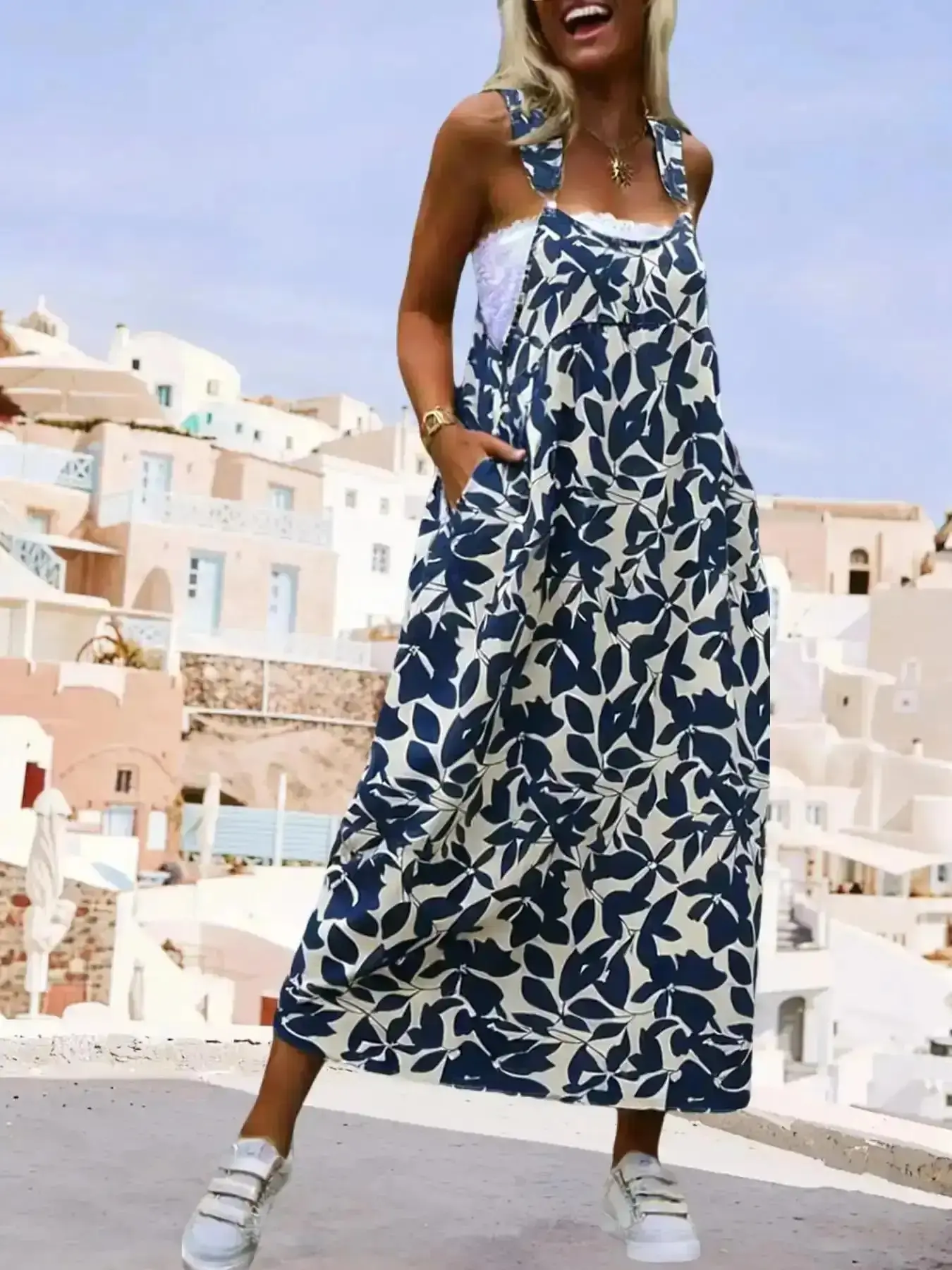 Floral Boho Maxi Dress, Women's Maxi Suspender Sleeveless Dress, Casual Wear Boho Floral Print Long for Spring & Summer Beach Vacation, Loose Fit with Pockets, Day, Essential, Vibes, Going Out