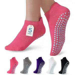 5 Pairs Pilates Socks with Grips for Women Non Slip Grip Yoga Crew Socks for Barre Hospital Barefoot Workout