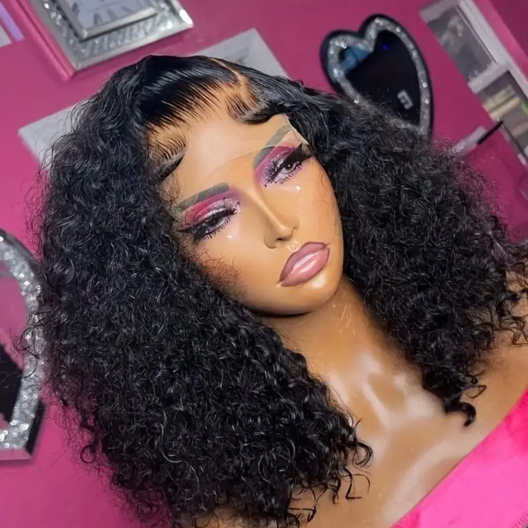 13x4 Curly Lace Frontal Human Hair Wigs 180 Density Transparent Lace Frontal Short Curly Bob Wig Pre Plucked   PLEASE MESSAGE BEFORE ORDERING