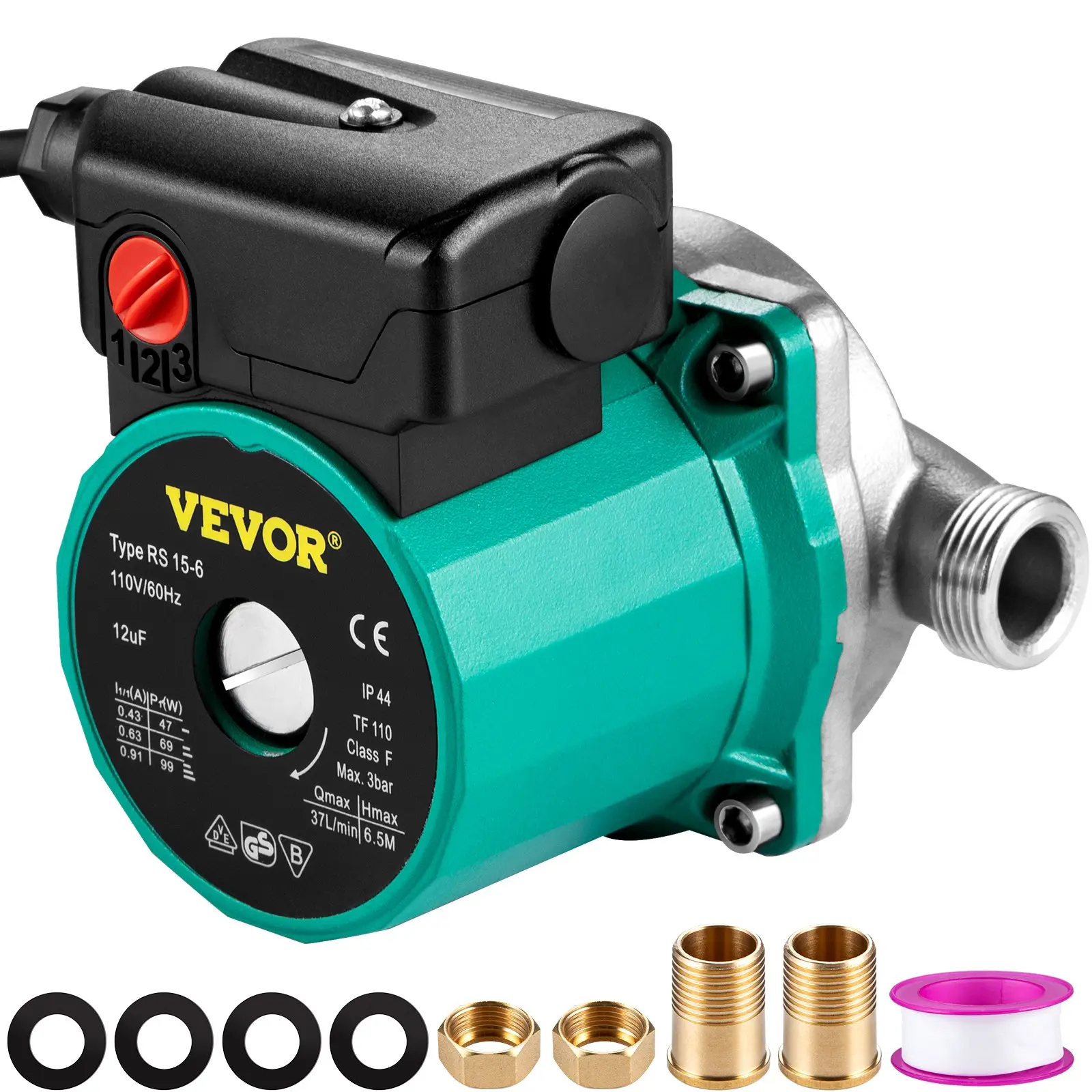 【DealsForYouDays】VEVOR Hot Water Recirculating Pump, 93W, 110V Water Circulator Pump, Circulation Pump, 3/4″ G Thread to 1/2″ NPT Brass Adapter, Stainless Steel Head, 3 Speed Control for Electric Water Heater SystemSummervibes Industrial Hydropump