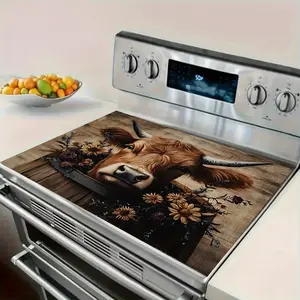 Diatom Mud Highland Cow with Wildflowers 2D Stove Top Cover, Heat Resistant Scratch Proof Protector, Easy Clean Multi-Use Mat for Stoves, Oven, Washer Dryer, Rustic Farmhouse Kitchen Decor #DiatomMud #HighlandCow #WildflowerDecor #RusticFarmhouse
