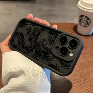Black Chinese Dragon Totem Design Phone Case Compatible with Iphone 16, 15, 14, 13, 12, 11 Pro Max, Mini, XR, XS, X, 7, 8 Plus, Featuring a Soft TPU Back for Drop Protection.