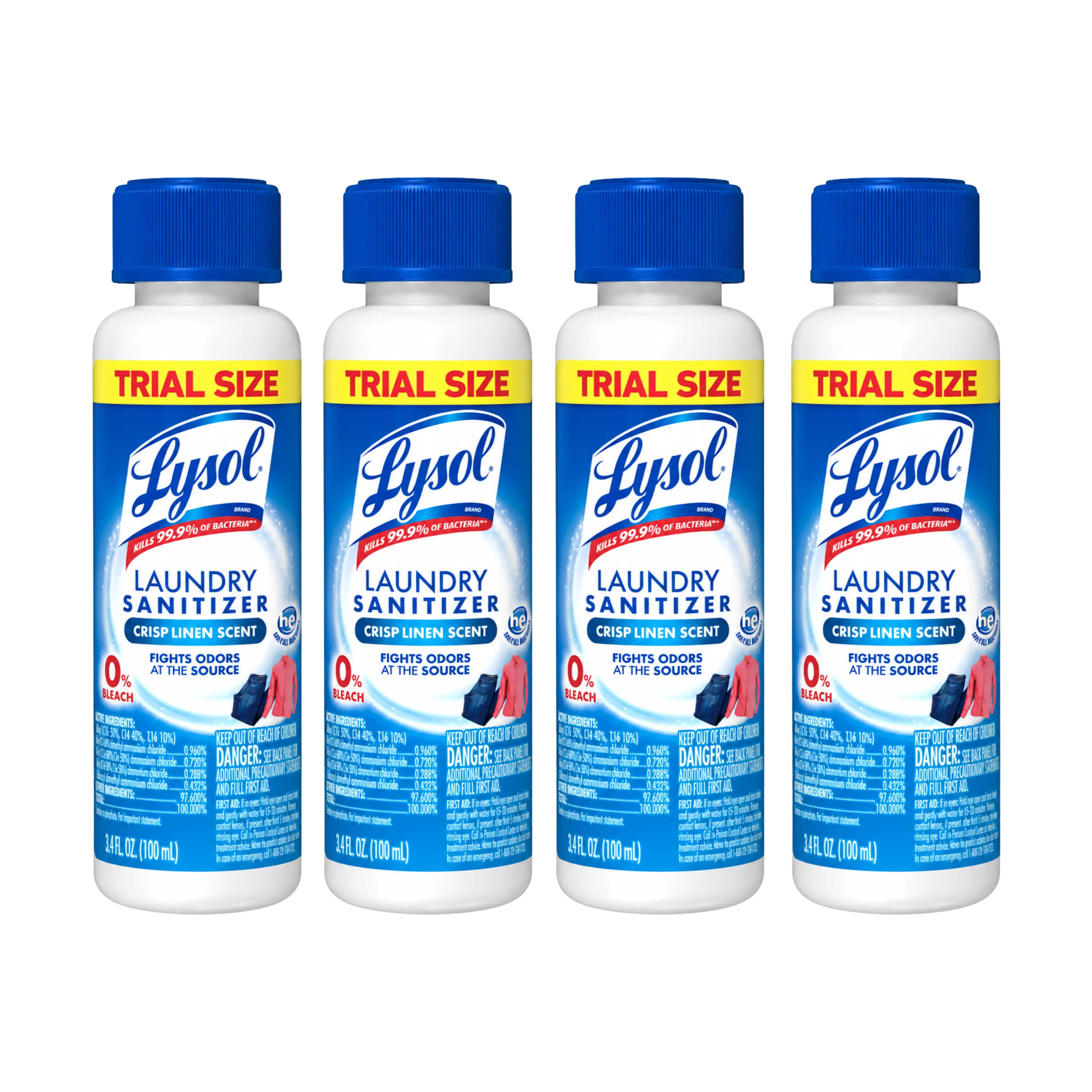 Lysol Laundry Sanitizer Trial Size, 3.4 fl oz, 0% Bleach, Kills 99.9% of Bacteria, Laundry Sanitizing Additive 4pk