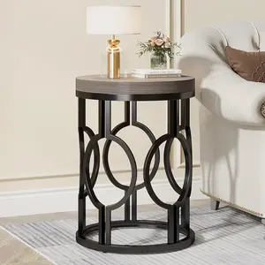 LITTLE TREE Round End Table, Industrial Side Table with Metal Hollow Frame, Small Bedside Table Nightstand for Living Room, Bedroom, Easy Assembly LITTLE TREE Round End Table, Industrial Side Table with Metal Hollow Frame, Small Bedside Table Nightstand for Living Room, Bedroom, Easy Assembly