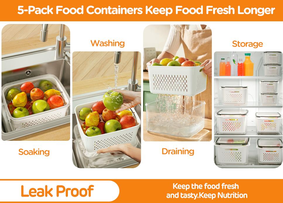 Fruit & Vegetable Storage Box, 6 Counts Double Layer Drainage Box,Kitchen Accessories Storage Organizer, Household Essentials,Containers Utensils Airtight Meal Prep,Airtight Leak Proof,Bpa Free Plastic,Snackboxcontainer,Airtight Dispenser