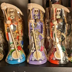 6 Inch Heco En Mexico Santamuerte Statue Gold Finish with Staff and Skull Detail Collectible Figurine Gravestone Decor