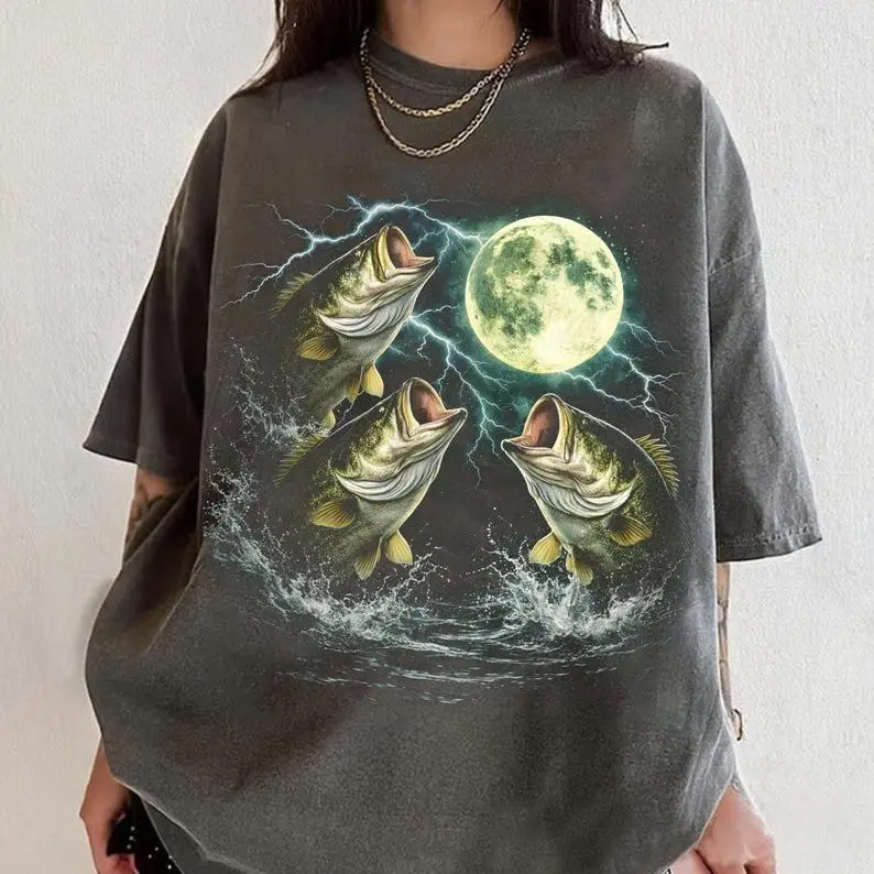 Comfort Colors Bass Fish Moon 90s Vintage Graphic T Shirt, Retro Largemouth Bass Fishing Tee, Fisher Gifts, Funny Fisherman Joke Apparel, Cool Ocean Top