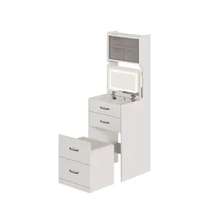 3-in-1 Multi-Functional Vanity Table with 3-Color LED Mirror, Hidden Pull-Out Chair, AC Outlets and USB Ports, Drawers, Acrylic Doors, Jewelry Box – Compact Makeup Vanity Desk for Bedroom