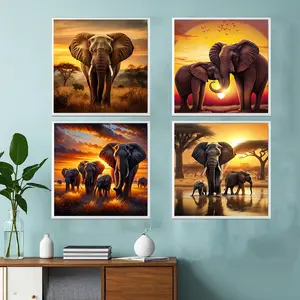 4pcs Sunset Elephant Diamond Painting Kit, Adult Art Craft Set, Frameless DIY 5D Diamond Art, Home Decor, Full Round Drill, Wall Art Painting