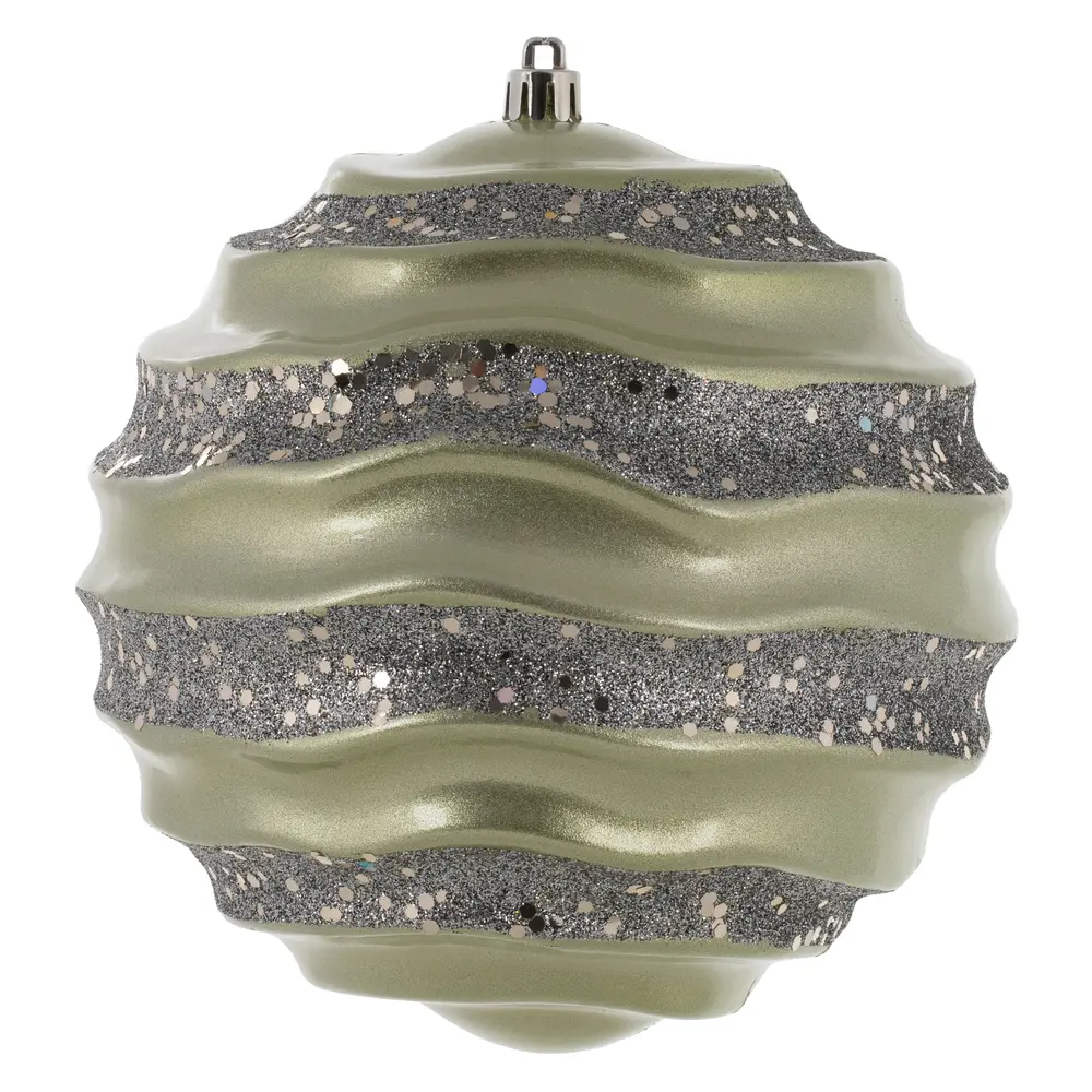 212 MAIN 6 in. Plastic Glitter Wave Ball, Limestone Stripe Christmas Festive Decoration Ornament