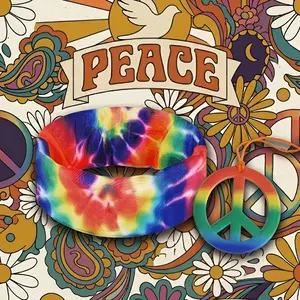 Groovy Hippie Costume Set Unisex Vintage Dye Headband Rainbow Peace Sign Necklace 60s Disco Party Bohemian Festival Pride Moon Jewelry