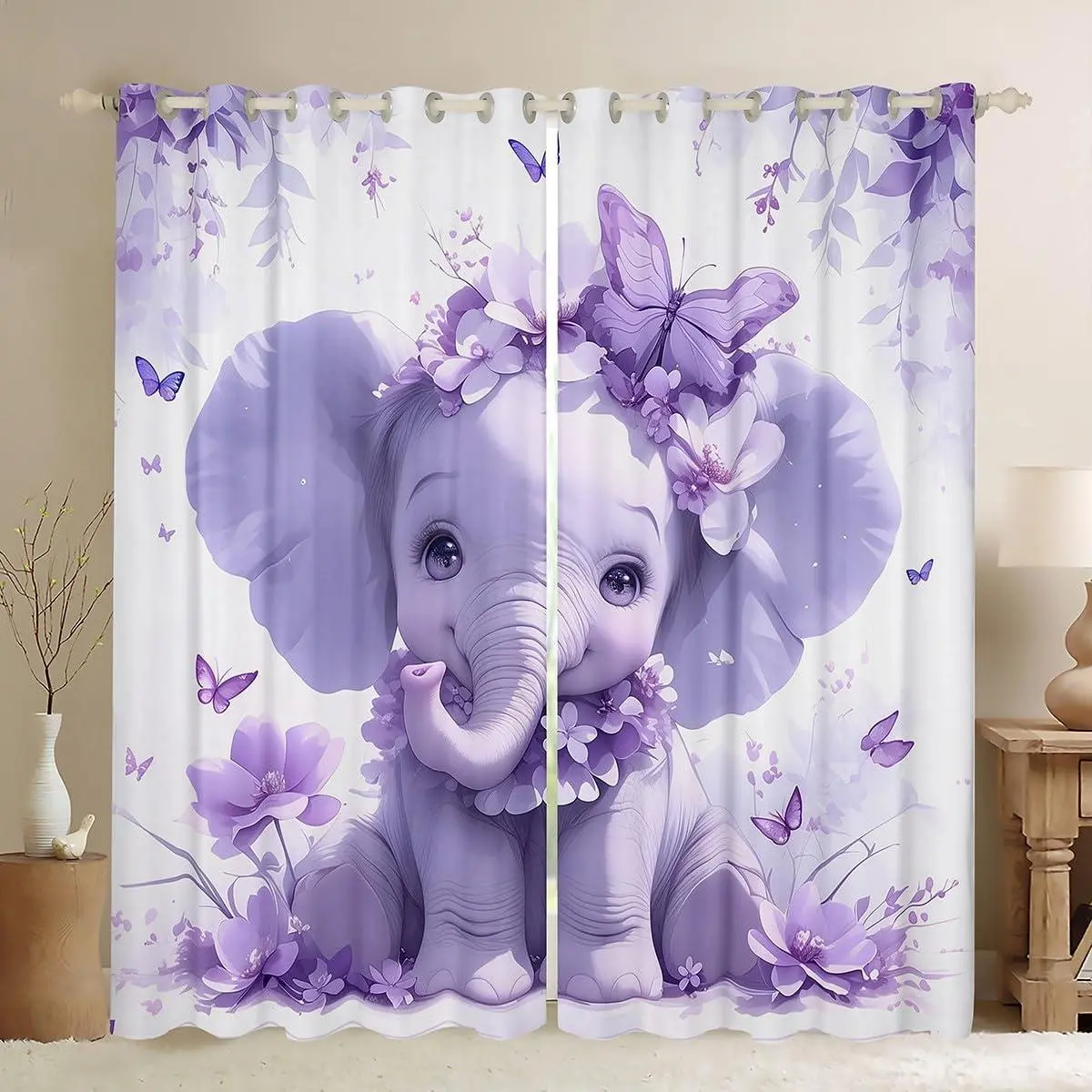 Purple Elephant Window Curtain,3D Elephant Kawaii Window Treatments 2 Panels,Fantasy Purple Flower Butterfly Print Curtain,Wild Animals Cartoon Style Curtains & Drapes