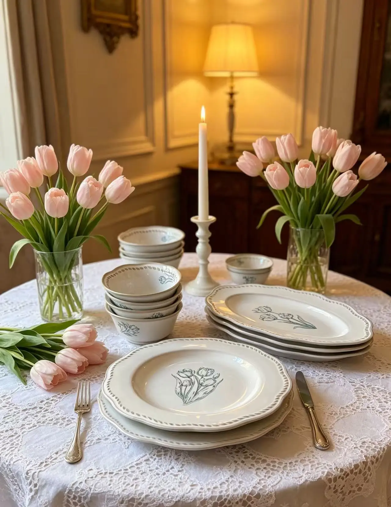 French Vintage Rose Pattern Light Luxury Ceramic Dinnerware Set, Dinner Bowls & Serving Plates Kitchen Tableware for Home Dining Banquet Party Gathering, Microwave Dishwasher Safe Decorative Table Dishes