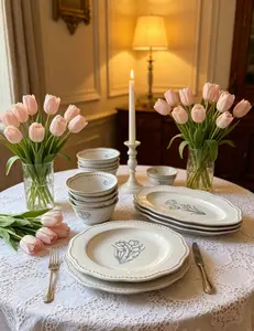 French Vintage Rose Pattern Light Luxury Ceramic Dinnerware Set, Dinner Bowls & Serving Plates Kitchen Tableware for Home Dining Banquet Party Gathering, Microwave Dishwasher Safe Decorative Table Dishes