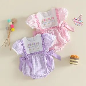 Baby Girls Birthday Romper Adorable Animal Letter Embroidery Crew Neck Short Sleeve Plaid Jumpsuit