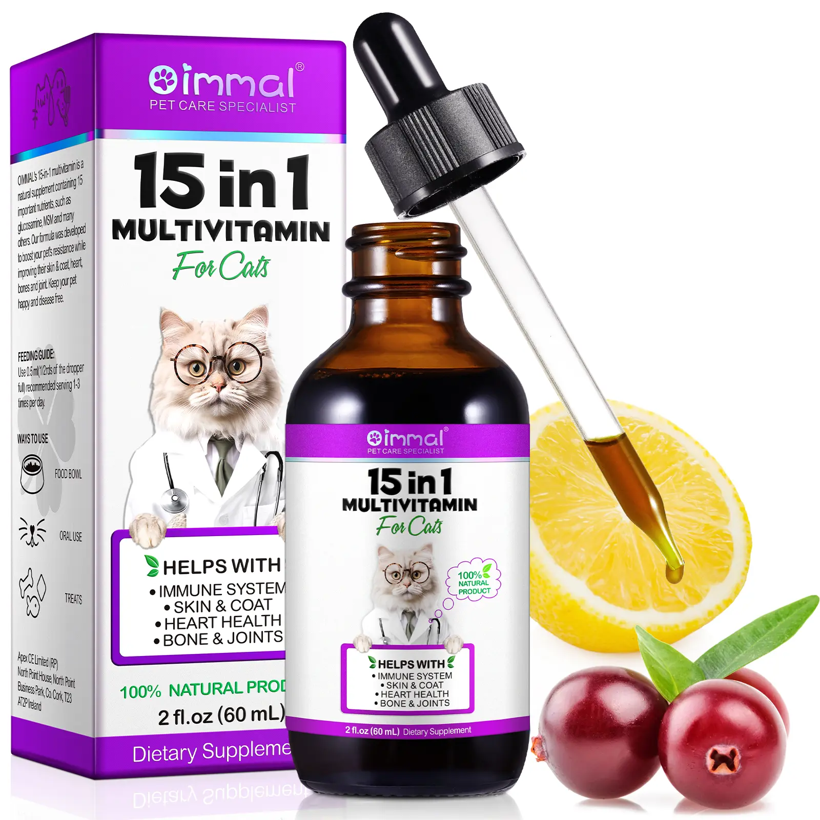 Oimmal Cat Multivitamin,15 in 1 Cat Vitamins Liquid Drops Supplements for Heart Health, Bones, Joint, Skin & Coat, Bladder, Immune System Support 60ml