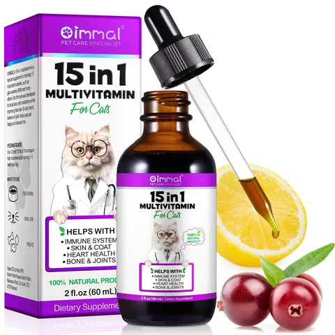 Oimmal Cat Multivitamin Liquid Drops - 15 Essential Nutrients 60ml Natural Blend with Probiotics, Natural Cranberry Extract UTI Aid, Hip & Joint Care, Fur & Skin Support, Immune Booster, Heart/Bone Health