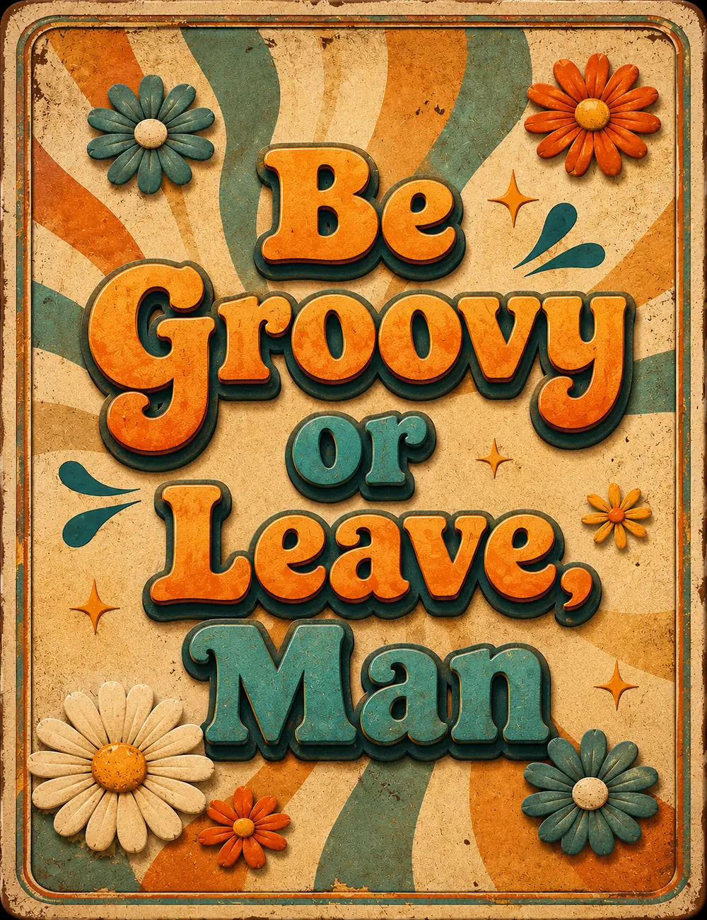 Be Groovy or Leave Mantra Poster, Retro 70s Groovy Wall Art, Vintage Hippie Quote Print, Funky Boho Home Decor, Orange Teal Flower Artwork, Retro Room Decor, Positive Vibes Wall Hanging for Bedroom Living Room Office Dorm Gift for Teens Adults Wall Accent