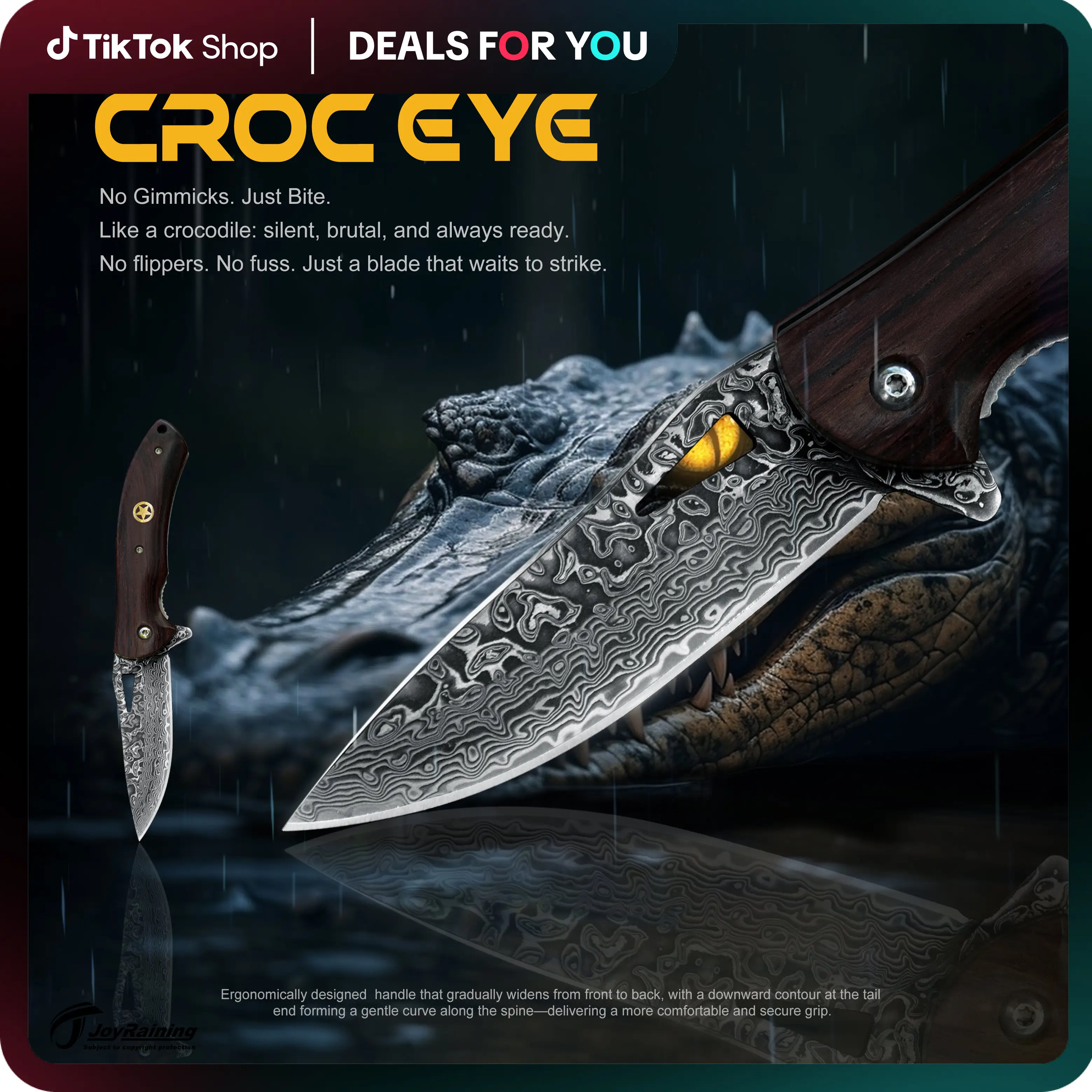 JoyRaining Handmade Folding Pocket Knife “CROC EYE” ,Damascus Steel Blade with 60 HRC Core Wood Handle,Your Permanent Outdoor Backup Knife, Made for O