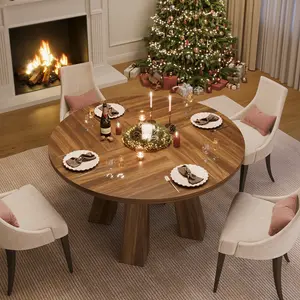 Modern Farmhouse Round Dining Table for 4-6 – Walnut Wood, Robust 4-Leg Base – Space-Saving Circle Table for Kitchen, Dining Room, Apartment – Walnut Color, Linen Texture (91109-96)